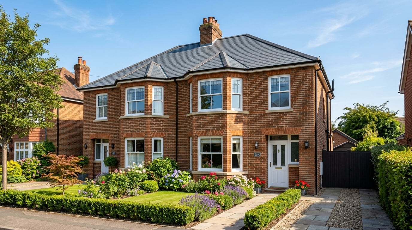 UK house with a brand-new grey slate pitched roof